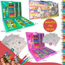 Kit Escolar Infantil Maleta de Pintura 150 Peças Desenhar e Colorir Dino