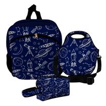 Kit Escolar Infantil Mochila de Costas + Lancheira Térmica + Necessaire Plus ISOPRENE Foguetes
