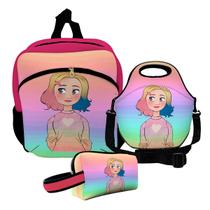 Kit Escolar Infantil Mochila de Costas + Lancheira Térmica + Necessaire Plus ISOPRENE Menina Lobo