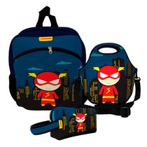 Kit Escolar Infantil Mochila de Costas + Lancheira Térmica + Necessaire Plus ISOPRENE Super Velocista