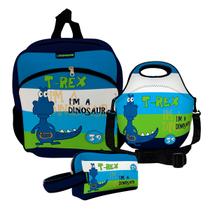 Kit Escolar Infantil Mochila de Costas + Lancheira Térmica + Necessaire Plus ISOPRENE T-Rex