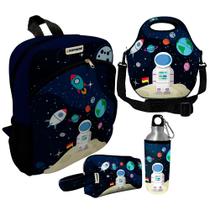 Kit Escolar Infantil Mochila de Costas + Lancheira Térmica + Necessaire Plus + Squeeze de Alumínio ISOPRENE Astronauta