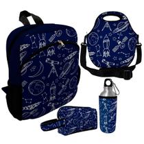 Kit Escolar Infantil Mochila de Costas + Lancheira Térmica + Necessaire Plus + Squeeze de Alumínio ISOPRENE Foguetes