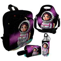 Kit Escolar Infantil Mochila de Costas + Lancheira Térmica + Necessaire Plus + Squeeze de Alumínio ISOPRENE Menina Astronauta