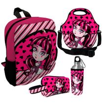 Kit Escolar Infantil Mochila de Costas + Lancheira Térmica + Necessaire Plus + Squeeze de Alumínio ISOPRENE Menina Vampira
