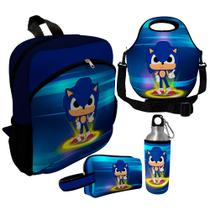 Kit Escolar Infantil Mochila de Costas + Lancheira Térmica + Necessaire Plus + Squeeze de Alumínio ISOPRENE Menino Sônico