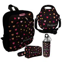 Kit Escolar Infantil Mochila de Costas + Lancheira Térmica + Necessaire Plus + Squeeze de Alumínio ISOPRENE Professora Corações