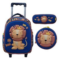 Kit escolar infantil mochila de rodinha lancheira e estojo 3d leão yins ys42245