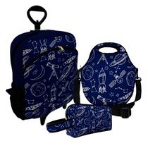 Kit Escolar Infantil Mochila de Rodinha + Lancheira Térmica + Necessaire Plus ISOPRENE Foguetes