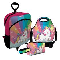 Kit Escolar Infantil Mochila de Rodinha + Lancheira Térmica + Necessaire Plus ISOPRENE Unicórnio Encantado