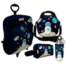 Kit Escolar Infantil Mochila de Rodinha + Lancheira Térmica + Necessaire Plus + Squeeze de Alumínio ISOPRENE Astronauta