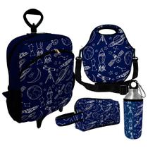 Kit Escolar Infantil Mochila de Rodinha + Lancheira Térmica + Necessaire Plus + Squeeze de Alumínio ISOPRENE Foguetes