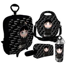 Kit Escolar Infantil Mochila de Rodinha + Lancheira Térmica + Necessaire Plus + Squeeze de Alumínio ISOPRENE Menina Addams