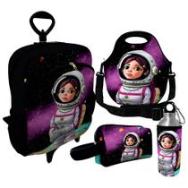 Kit Escolar Infantil Mochila de Rodinha + Lancheira Térmica + Necessaire Plus + Squeeze de Alumínio ISOPRENE Menina Astronauta