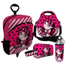 Kit Escolar Infantil Mochila de Rodinha + Lancheira Térmica + Necessaire Plus + Squeeze de Alumínio ISOPRENE Menina Vampira