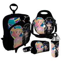 Kit Escolar Infantil Mochila de Rodinha + Lancheira Térmica + Necessaire Plus + Squeeze de Alumínio ISOPRENE Meninas Lobo e Gótica