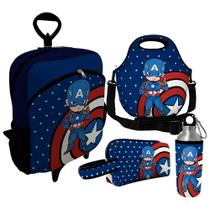 Kit Escolar Infantil Mochila de Rodinha + Lancheira Térmica + Necessaire Plus + Squeeze de Alumínio ISOPRENE Menino Capitão
