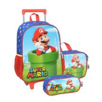 Kit Escolar Infantil Mochila de Rodinha Mario Bros com Lancheira e Estojo Oficial