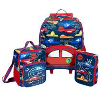 kit escolar infantil mochila + lancheira + estojo carros tip top