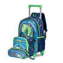 Kit Escolar Infantil Mochila Rodinhas E Costas + Lancheira + Estojo Dinossauro Clio