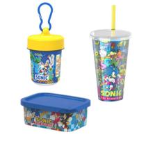 Kit Escolar Infantil Organizadores de Lancheira Retangular + Copo Com Gancho + Copo Com Tampa E Canudo Sonic Potte