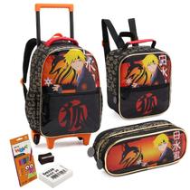 Kit Escolar Infantil P/ Meninos Mochila de Rodas Lancheira Térmica Estojo Material Escolar Estampa de Personagem Alça Resistente Reforçada Masculina
