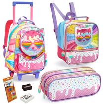 Kit Escolar Infantil para Meninas Mochila de Rodas Lancheira Térmica Estojo Material de Escola Espaçoso Resistente Reforçado Feminino