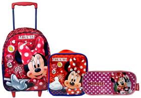 Kit Escolar Infantil Personagem Menina Minnie Mouse Vermelho Disney Mochila G Rodinhas, Lancheira Térmica, Estojo