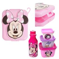 Kit Escolar Infantil Sanduicheira + Garrafa + Kit 3 Potes - Minnie Mouse Rosa