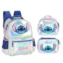Kit Escolar Infantil Stitch Mochila Lancheira e Estojo Holográfico Luxcel Prata Menina IS41681SC