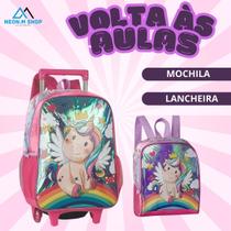 Kit Escolar Infantil Unicórnio Mochila com Rodinhas e Lancheira Térmica Menina Feminina