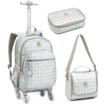 Kit Escolar Juvenil Feminino Mochila de Rodas Lancheira Térmica Estojo Estampa Fashion Material Reforçada Alças Infantil P/ Meninas