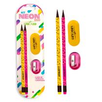 Kit Escolar Lápis Borracha E Apontador Leo & Leo Material Escola Menino Menina Neon Gamer Lhama Pinguim Sports Unicórnio