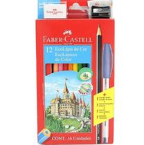 Kit Escolar - Lápis de cor 12 cores + Lápis Grafite + Apontador + Borracha + Caneta - Faber-Castell