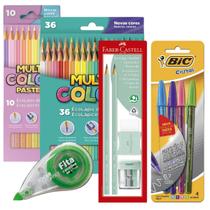 Kit escolar, lápis de cor, lápis grafite, canetas, borracha, apontador e fita corretiva
