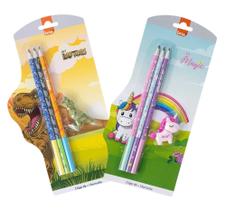 Kit Escolar Lápis HB + Borracha Divertida Decorada Tema Magic Unicórnio / Raptor Dinossauros - BRW