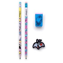Kit Escolar Lápis Hb Com Apontador E Borracha Looney Tunes
