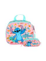 Kit Escolar Lilo Stitch Lancheira + Estojo Triplo Rosa