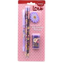 Kit Escolar Love Flores e Borboleta 2 Lapis e 1 Caneta Molin