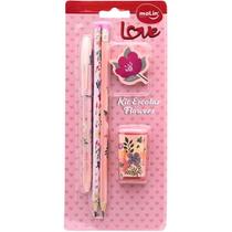 Kit Escolar Love Flores e Borboleta 2 Lapis e 1 Caneta Molin