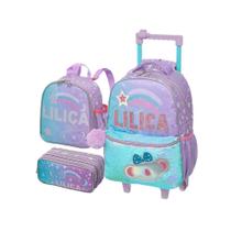 Kit Escolar Make a Wish Mochila Carrinho + Lancheira Costas + Estojo Triplo