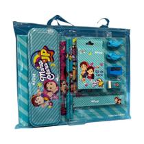 Kit Escolar Maria Clara e JP com Estojo e Acessórios Completo Escola Desenho Crianças Infantil FIRST Azul