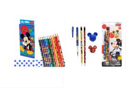 Kit Escolar Mickey 17p Lápis Preto e de Cor Caneta Apontador