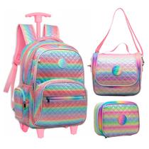 Kit Escolar Mochila Arco-Íris Carrinho Infantil Com Estojo E Lancheira
