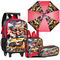 Kit Escolar Mochila Carrinho Lancheira Estojo e Guarda Chuva Fast Machine FM3492K