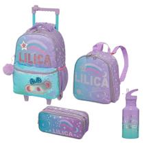 Kit Escolar Mochila Carrinho Lancheira Estojo Garrafinha Infantil Menina Lilica Ripilica Alças Reforçada Lilás Feminina