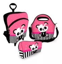 Kit Escolar Mochila com Roda + Lancheira + Estojo Panda Lacinho