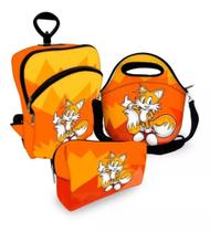Kit Escolar Mochila com Roda + Lancheira + Estojo Sonic Tails Laranja