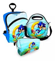 Kit Escolar Mochila com Roda + Lancheira + Estojo Sonic world