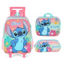Kit Escolar Mochila com Rodas + Lancheira Térmica + Estojo Stitch -